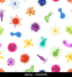 Viruses pattern. Germs , toxin cells microbes and bacterias. Epidemiology, biology and microbiology elements. Flu disease, coronavirus vector seamless texture. Virus covid-19 bacterium microbe. Viruses pattern. Colorful germs background, toxin cells microbes and bacterias. Epidemiology, biology and microbiology elements. Flu disease, coronavirus vector seamless texture Stock Vector