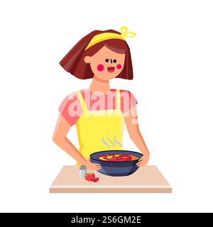 Hot Soup Cooked From Vegetable And Meat Vector. Delicious Soup Cooking And Eating Young Woman On Kitchen. Character Eat Fresh Prepared Meal, Tomato Healthy Food Flat Cartoon Illustration. Hot Soup Cooked From Vegetable And Meat Vector Stock Vector