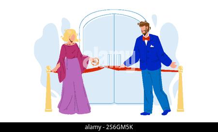 Grand Opening Ceremony, People Cut Tape Vector. Man And Woman Businesspeople Cutting Red Ribbon With Scissors Together On Grand Opening Ceremonial Event. Characters Flat Cartoon Illustration. Grand Opening Ceremony, People Cut Tape Vector Stock Vector