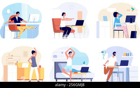 Office syndrome. Stretching exercise, neck back shoulder stretch. Sitting work from home, fitness workout for freelancer vector illustration. Office body syndrome, business stretching for health. Office syndrome. Stretching exercise, neck back shoulder stretch. Sitting work from home, fitness workout for freelancer vector illustration Stock Vector