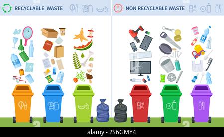 Waste recycling. Trash recycle management, garbage segregation classification. Infographic of rubbish sorting. Recycling vector flyer. Recycle trash and rubbish waste non recycling illustration. Waste recycling. Trash recycle management, garbage segregation classification. Infographic of rubbish sorting. Recycling vector flyer Stock Vector