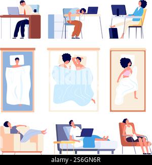 People sleeping. Couple sleep in bed blanket, flat tired man woman. Isolated asleep characters on sofa at desk in chair vector illustration. Couple in bedroom, person sleep on work and in chair. People sleeping. Couple sleep in bed blanket, flat tired man woman. Isolated asleep characters on sofa at desk in chair vector illustration Stock Vector
