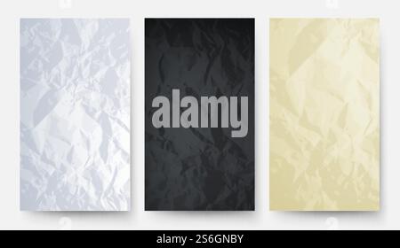 Crumpled paper. White black yellow carton texture. Empty papers banners vector set. Texture and wallpaper, billboard white and black cover illustration. Crumpled paper. White black yellow carton texture. Empty papers banners vector set Stock Vector