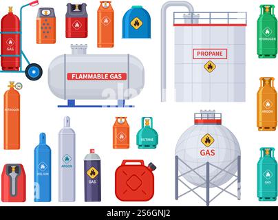 Gas storage. Oxygen, oil cylinders tank and containers. Home and industrial petroleum industry equipment. Bottles and canister vector icons. Fuel oxygen storage, gas tank and canister illustration. Gas storage. Oxygen, oil cylinders tank and containers. Home and industrial petroleum industry equipment. Bottles and canister vector icons Stock Vector