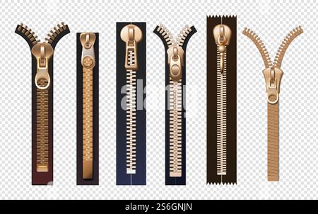 Golden zippers. Metal and plastic fasteners with pulls. Isolated reallistic garment components and handbag accessories vector set. Lock zip, metal zipper, golden clasp illustration. Golden zippers. Metal and plastic fasteners with pulls. Isolated reallistic garment components and handbag accessories vector set Stock Vector