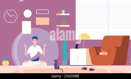 Isolated man. Introvert at home, mental calm and meditation. Boy thinking or guy relaxes separated from world. Voluntary loneliness vector illustration. Introvert calm mental, alone emotional comfort. Isolated man. Introvert at home, mental calm and meditation. Boy thinking or guy relaxes separated from world. Voluntary loneliness concept. Person and cat in room vector illustration Stock Vector