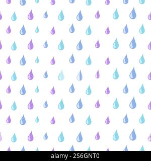 Drops pattern. Rain water seamless texture. Isolated cute blue raindrops print or colorful tears wallpaper. Rainy weather vector background. Rain and raindrop backdrop, rainfall drop illustration. Drops pattern. Rain water seamless texture. Isolated cute blue raindrops print or colorful tears wallpaper. Rainy weather vector background Stock Vector