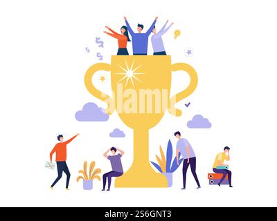 Golden cup prize for victory. Tiny people win champions award ...
