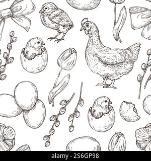 Chicken pattern. Hand drawn art bird. Spring easter background. Graphic eggs, tulips and rooster, prints for package vector seamless texture. Spring chicken and egg, tulip and easter illustration. Chicken pattern. Hand drawn art bird. Spring easter background. Graphic eggs, tulips and rooster, prints for package vector seamless texture Stock Vector