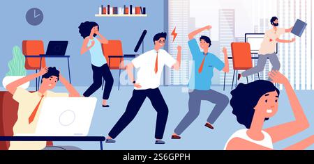 Angry boss. Office confrontation, nervous manager. Corporate chaos and panic. Businessman shouting, workers shocked vector illustration. Boss office panic, stress employee, rush and chaos. Angry boss. Office confrontation, nervous manager. Corporate chaos and panic. Businessman shouting, workers shocked vector illustration Stock Vector