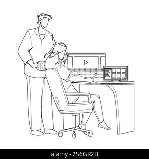 Video Editor Working On Laptop At Workplace Black Line Pencil Drawing Vector. Young Man And Woman Couple Video Editor Work Together And Editing Film Or Clip. Characters Movie Production Illustration. Video Editor Working On Laptop At Workplace Vector Stock Vector