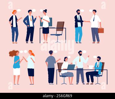 Business situation. Dialog between persons sitting at table in office people meeting vector flat pictures. Business worker and brainstorming, organization workspace, employee negotiation illustration. Business situation. Dialog between persons sitting at table in office people meeting vector flat pictures Stock Vector