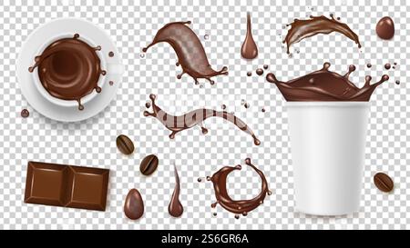 Realistic coffee set. Drink splashes, coffee beans and take away cup, chocolate isolated on transparent background vector elements. Cup of chocolate and coffee drink, hot beverage illustration. Realistic coffee set. Drink splashes, coffee beans and take away cup, chocolate isolated on transparent background vector elements Stock Vector