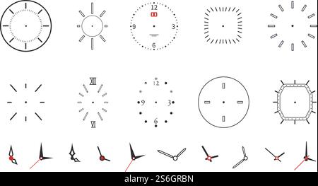 Clock faces. Modern wall watch face design. Isolated dials with needles, numbers and arrows. Black minimalistic timepiece vector symbols. Time and clock, number hour and second illustration. Clock faces. Modern wall watch face design. Isolated dials with needles, numbers and arrows. Black minimalistic timepiece vector symbols Stock Vector