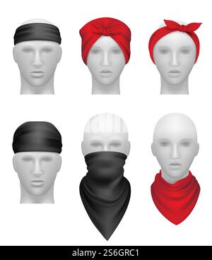Bandanas set. Stylish clothes for bikers and gangsters mannequin head vector realistic. Illustration stylish apparel for biker or cowboy. Bandanas set. Stylish clothes for bikers and gangsters mannequin head vector realistic Stock Vector