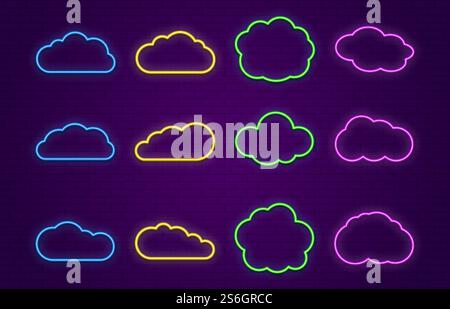 Cloud icons. Line neon speech bubbles forms for bar, restaurant or outside hang banner. Glowing colorful clouds vector set. Cloud neon technology, form structure shape glow illustration. Cloud icons. Line neon speech bubbles forms for bar, restaurant or outside hang banner. Glowing colorful clouds vector set Stock Vector