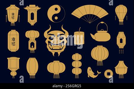 Asian symbols silhouettes. Chinese golden paper lanterns mask of dragon fish and coins. Traditional china festive vector illustrations. Chinese golden silhouette symbol, asian celebration. Asian symbols silhouettes. Chinese golden paper lanterns mask of dragon fish and coins. Traditional china festive vector illustrations Stock Vector