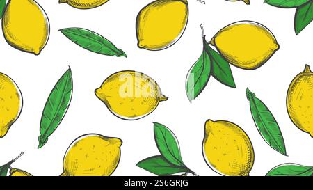 Citrus sketch pattern. Summer lemon background. Botanical vintage grunge citric seamless texture. Vector fruits and green leaves backdrop. Seamless lemon drawing, citrus pattern with leaf illustration. Citrus sketch pattern. Summer lemon background. Botanical vintage grunge citric seamless texture. Vector fruits and green leaves backdrop Stock Vector