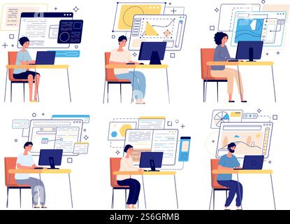 Programmers and developers. Computer game designer, web graphics or content managers. Professional software develop team set. Developer and programmer, software coding and programming illustration. Programmers and developers. Computer game designer, web graphics or content managers. Isolated professional software develop team vector set Stock Vector