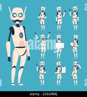 Cute robots. Android characters in action poses with bionic arms vector cartoon humanoid persons. Robot character android, technology machine illustration. Cute robots. Android characters in action poses with bionic arms vector cartoon humanoid persons Stock Vector