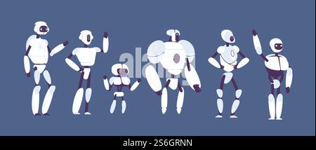 Robots cartoon. Various androids models vector futuristic characters isolated. Robot character model, humanoid and android illustration. Robots cartoon. Various androids models vector futuristic characters isolated Stock Vector
