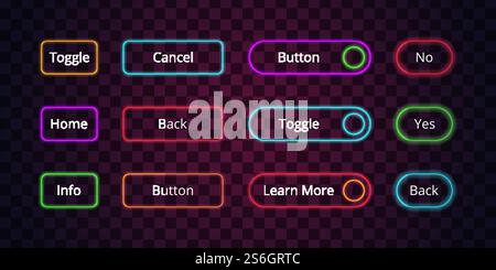 Neon buttons. Glow web entering click lighting buttons digital badges for online projects electric colored vector graphic. Web neon frame, shiny interface template illustration. Neon buttons. Glow web entering click lighting buttons digital badges for online projects electric colored vector graphic Stock Vector