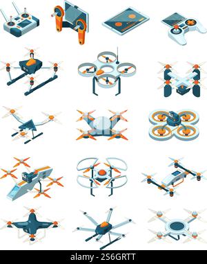 Drones isometric. Aircraft future modern technologies transport unmanned aviation vector set. Radio delivery flying by rotorcraft, transport contemporary illustration. Drones isometric. Aircraft future modern technologies transport unmanned aviation vector set Stock Vector