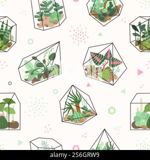 Succulents. Summer tropical flowers, terrarium and cacti seamless pattern. Trendy drawing desert plants texture. Greenery vector background. Illustration cacti and houseplant, pattern wrapping. Succulents. Summer tropical flowers, terrarium and cacti seamless pattern. Trendy drawing desert plants texture. Greenery vector background Stock Vector