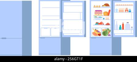 Food open fridge. Closed opened refrigerator, flat full and empty foods storage with doors. Isolated kitchen freezer vector illustration. Refrigerator door with food, kitchen appliance open and closed. Food open fridge. Closed opened refrigerator, flat full and empty foods storage with doors. Isolated kitchen freezer vector illustration Stock Vector