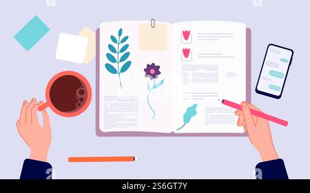 Diary writing. Person drawing in sketchbook. Top view hands with pen and coffee cup. Morning evening relax, memories making vector illustration. Top above, tea and notepad, information diary. Diary writing. Person drawing in sketchbook. Top view hands with pen and coffee cup. Morning evening relax, memories making vector illustration Stock Vector