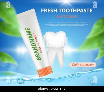 Whitening toothpaste ad. Realistic clean and dirty tooth on blue ...
