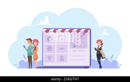 Online shopping concept. Vector cartoon people with gadgets. Online store illustration. Online shopping store, website shop. Online shopping concept. Vector cartoon people with gadgets. Online store illustration Stock Vector