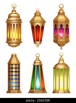 Islamic lamps. Ramadan lanterns arabic vintage golden lighting lamps vector realistic pictures. Muslim lamp lantern, islamic or arabic illustration. Islamic lamps. Ramadan lanterns arabic vintage golden lighting lamps vector realistic pictures Stock Vector