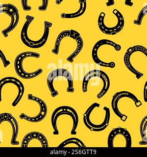 Horse shoes pattern. Hoof black symbols blacksmith elements graphic textile vector seamless background. Illustration blacksmith horseshoe, talisman luky wallpaper. Horse shoes pattern. Hoof black symbols blacksmith elements graphic textile vector seamless background Stock Vector