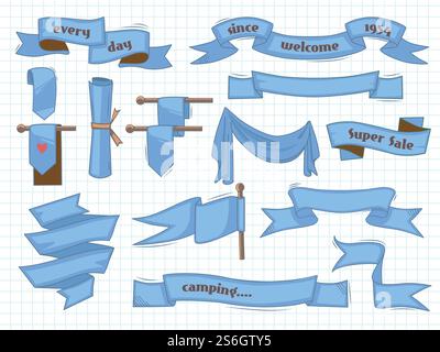 Hand drawn ribbons. Vintage banners sketched elements vector illustrations set. Scroll sketch ribbon banner, elegance engraving badge. Hand drawn ribbons. Vintage banners sketched elements vector illustrations set Stock Vector
