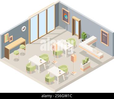 Restaurant isometric. Cafe modern interior storefront walls 3d furniture flooring vector low poly picture. Plan interior 3d isometric restaurant illustration. Restaurant isometric. Cafe modern interior storefront walls 3d furniture flooring vector low poly picture Stock Vector