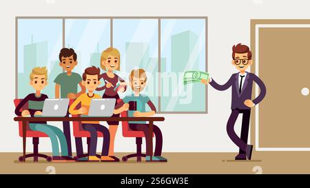 Team found investor. Businessman invests young professionals. New startup, business proposal or profitable loan. Man and group of student developers at office vector illustration. Team found investor. Businessman invests young professionals. New startup, man and group of student developers at office vector illustration Stock Vector