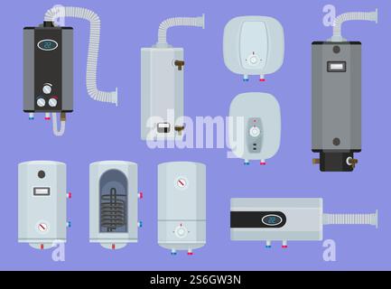 Heater systems. Water boiler house gas station warm technology vector set. Illustration boiler for heater water collection. Heater systems. Water boiler house gas station warm technology vector set Stock Vector