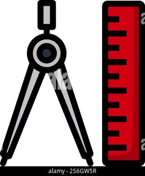 Icon Of Compasses And Scale. Editable Bold Outline With Color Fill Design. Vector Illustration. Stock Vector