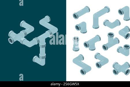 Industrial pipes. Oil or water plastic tubes steel pipes connections vector isometric set. Pipe plumbing, pipeline industry gas, industrial piping illustration. Industrial pipes. Oil or water plastic tubes steel pipes connections vector isometric set Stock Vector