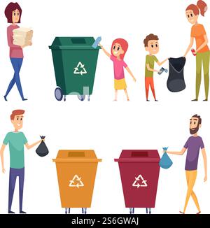 Sorting garbage. People recycling and cleanup garbage natural protect nature metal papers glass separation vector cartoon people. Trash garbage, waste segregation, contamination rubbish illustration. Sorting garbage. People recycling and cleanup garbage natural protect nature metal papers glass separation vector cartoon people Stock Vector