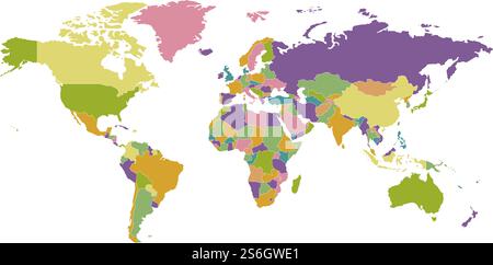 Political map. Worlds countries on colored graphic map vector geographical template. Illustration map geography political planet continent colored. Political map. Worlds countries on colored graphic map vector geographical template Stock Vector