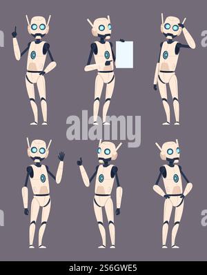 Android characters. Cyborg in different poses standing pointing humanoid spaceman vector futuristic set. Robot and cyborg illustration, machine robotic character. Android characters. Cyborg in different poses standing pointing humanoid spaceman vector futuristic set Stock Vector