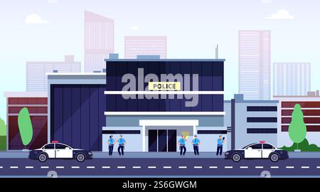 Police station. City police department building and cops. Policeman car at office security exterior. Law enforcement vector concept. Police station city, building department illustration. Police station. City police department building and cops. Policeman car at office security exterior. Law enforcement vector concept Stock Vector