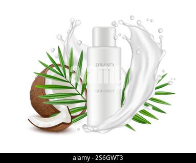 Realistic coconut. Cosmetics bottle, palm leaves and milk splashes. Realistic vector package mockup isolated on white background. Cosmetic organic bottle, coconut palm illustration. Realistic coconut. Cosmetics bottle, palm leaves and milk splashes. Realistic vector package mockup isolated on white background Stock Vector