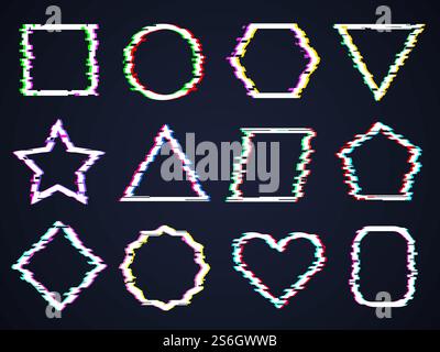 Glitch square frames. Interference damaged noise cyber forms broken rectangular shapes distortion effects trendy vectors. Damaged form detail distortion, glitch frame dynamic effect illustration. Glitch square frames. Interference damaged noise cyber forms broken rectangular shapes distortion effects trendy vectors Stock Vector