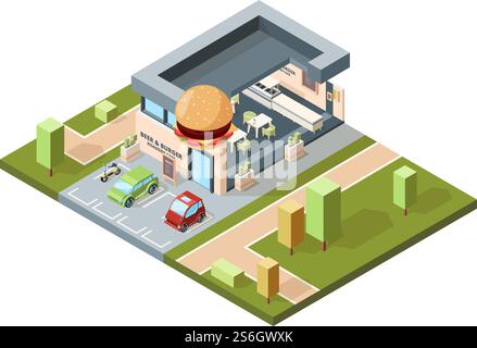 Pizzeria exterior. Modern urban fast food restaurant city isometric map with buildings facades infrastructure vector. Cafe exterior, restaurant and pizzeria illustration. Pizzeria exterior. Modern urban fast food restaurant city isometric map with buildings facades infrastructure vector Stock Vector