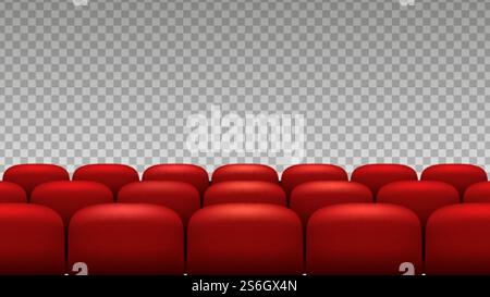 Rows seats. Red theater movie opera seats isolated on transparent background. Vector chairs backdrop to premiere event in theater, auditorium cinema interior illustration. Rows seats. Red theater movie opera seats isolated on transparent background. Vector chairs backdrop Stock Vector
