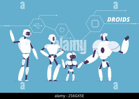 Robot group. Various androids models standing together crowd of futuristic cyborgs vector concept. Cyborg electronic, artificial mechanical robots illustration. Robot group. Various androids models standing together crowd of futuristic cyborgs vector concept Stock Vector