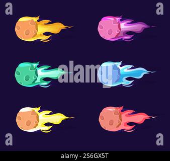Asteroid flame. Colored space objects fireball meteor cartoon collection set. Fire meteorite in space, colored fall asteroid illustration. Asteroid flame. Colored space objects fireball meteor cartoon collection set Stock Vector